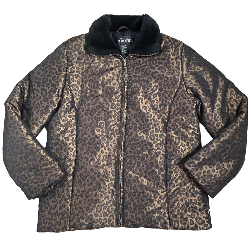 Donna Salyers Fabulous Furs Leopard print Faux Fur Collar Puffer Jacket - Picture 2 of 13